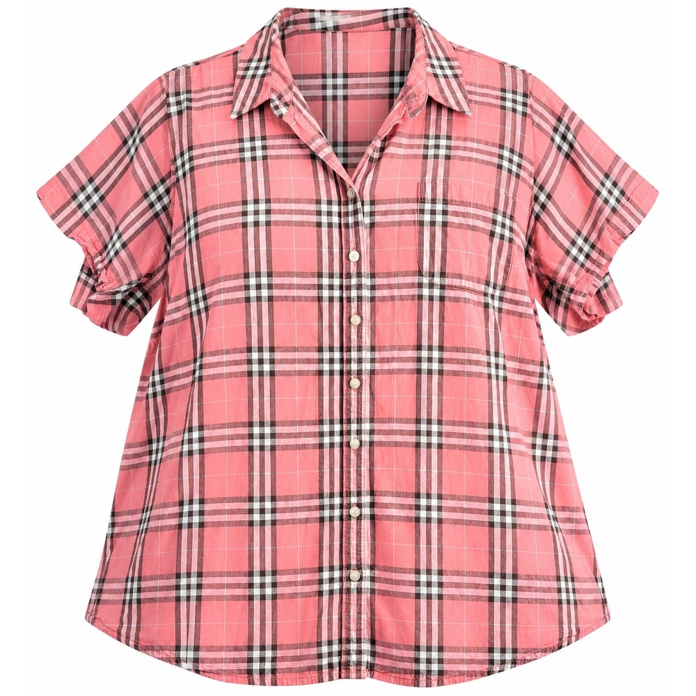 Riders by Lee Womens 4X Pink Plaid Short Sleeve Roll Tab Button Down Shirt